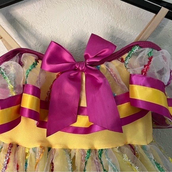 Revolution dance wear yellow & pink outfit costume, MC, 2 hair bows, lace trim. - Picture 16 of 16
